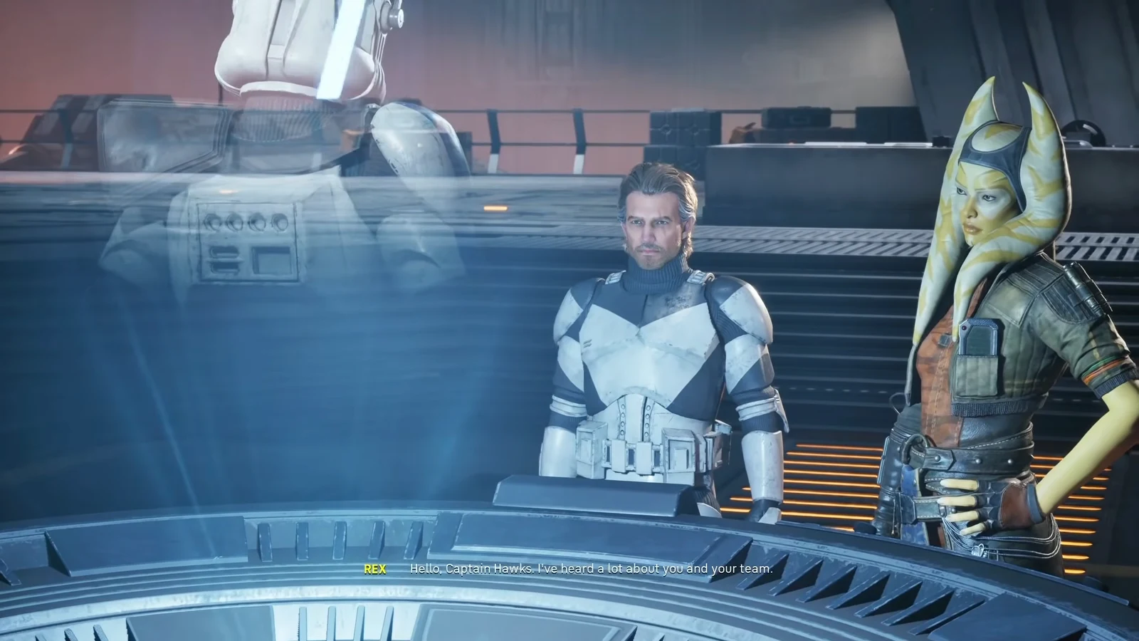 Rex addressing Captain Hawks and his team beside a holographic figure