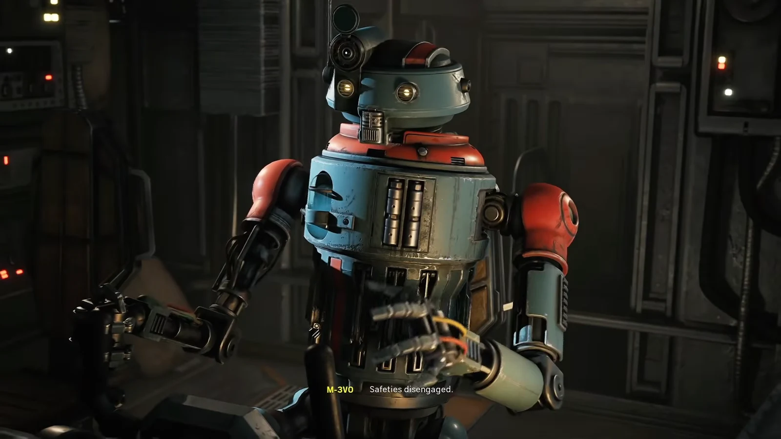 Maintenance droid M-3VO announcing safeties disengaged while holding a device inside a ship