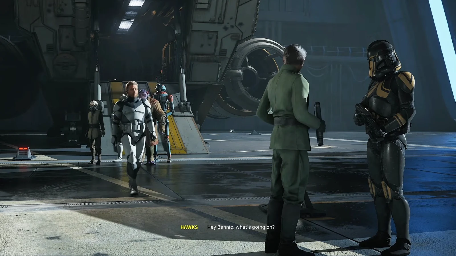 Hawks asking Bennic what is going on inside a starship hangar