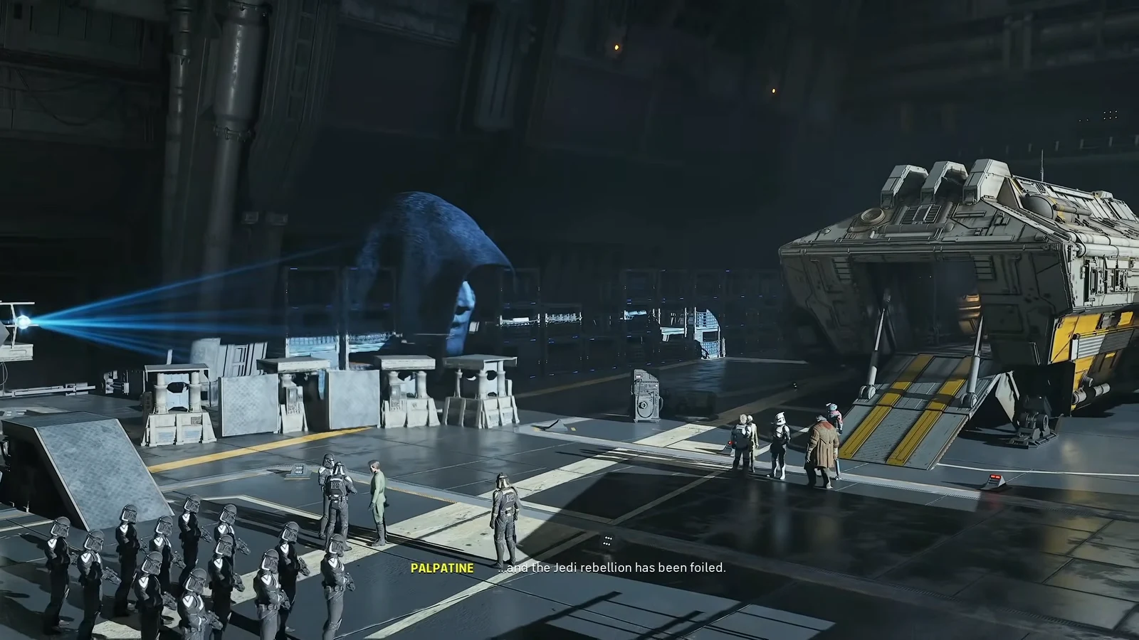 Palpatine's hologram declaring the defeat of the Jedi and the rise of the Galactic Empire