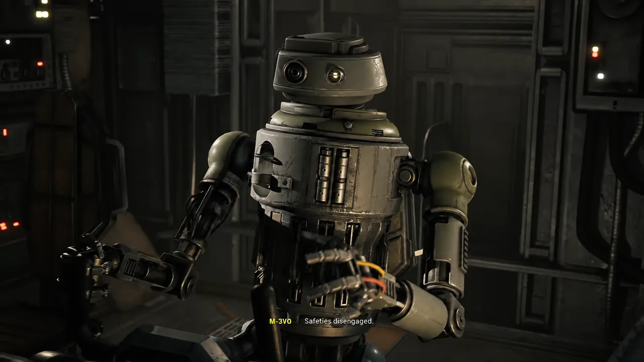 Maintenance droid M-3VO announcing safeties disengaged while holding a device inside a ship