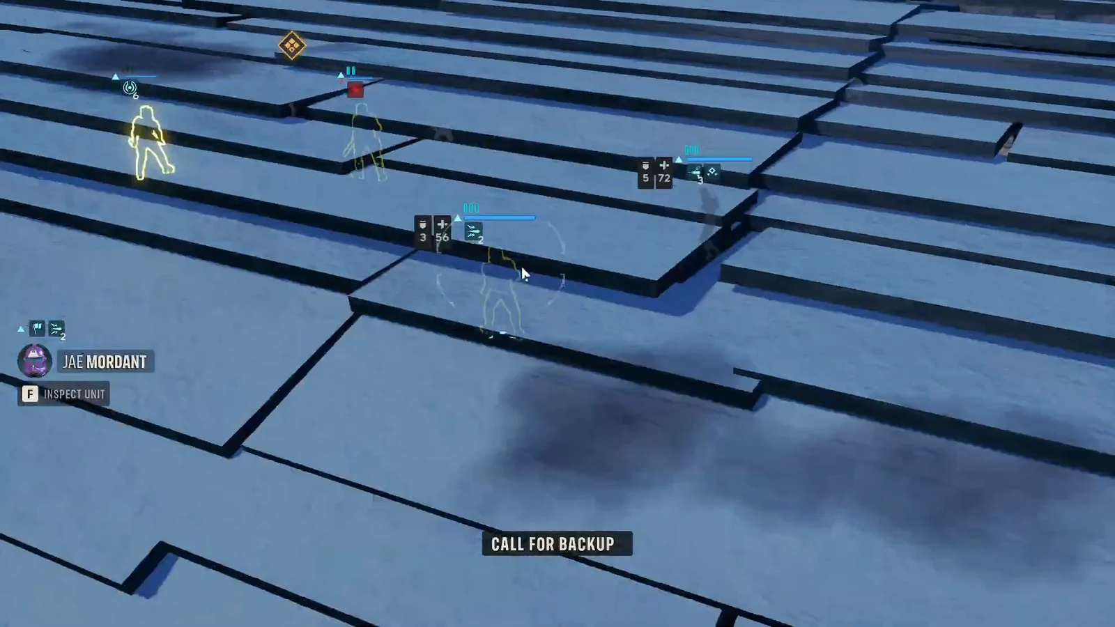 Tactical ability wheel open around the selected character with numbered commands during the defense