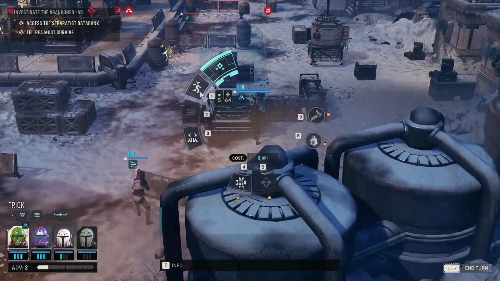 Ability wheel open over the battlefield with a 1-AP attack being selected