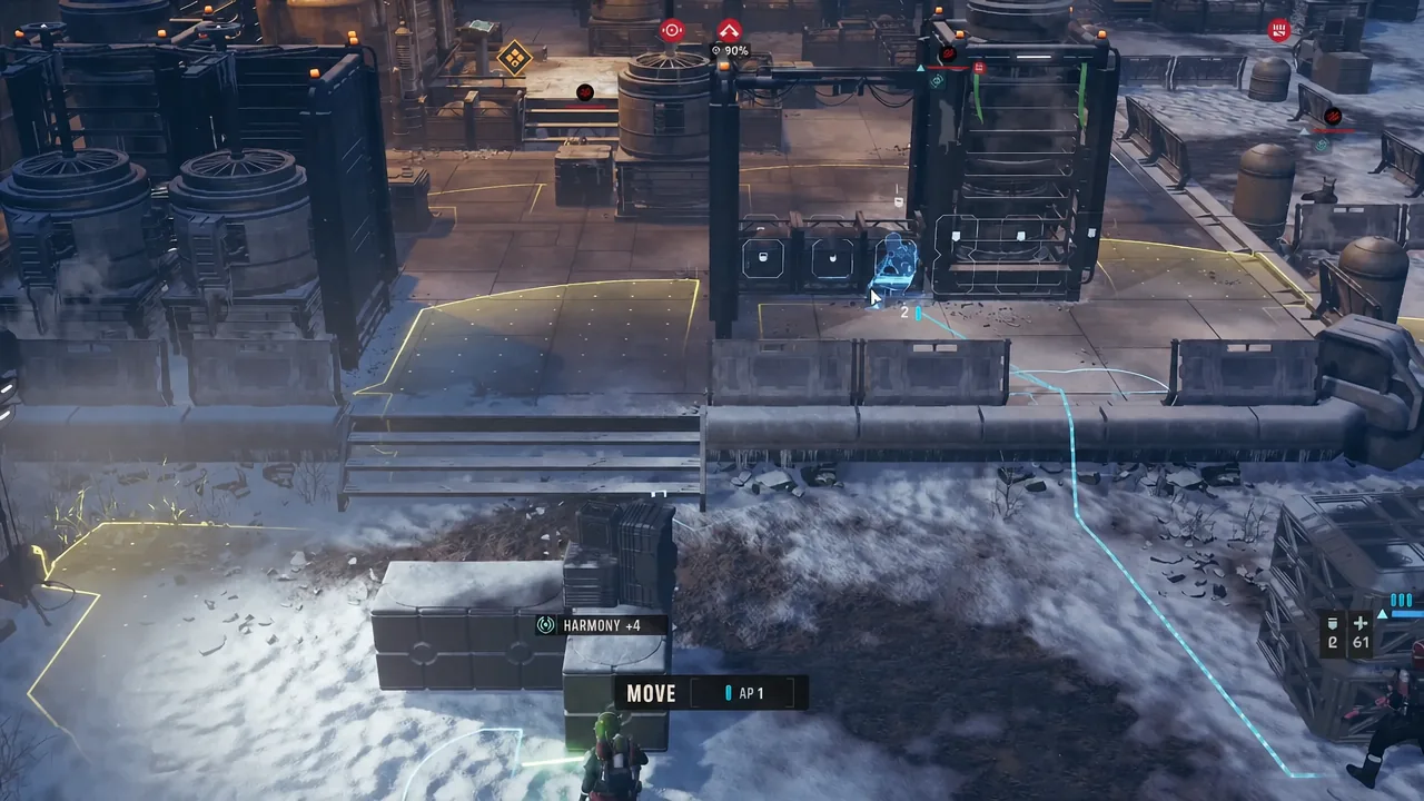Move action active in combat, showing a blue path to a highlighted tile costing 2 AP