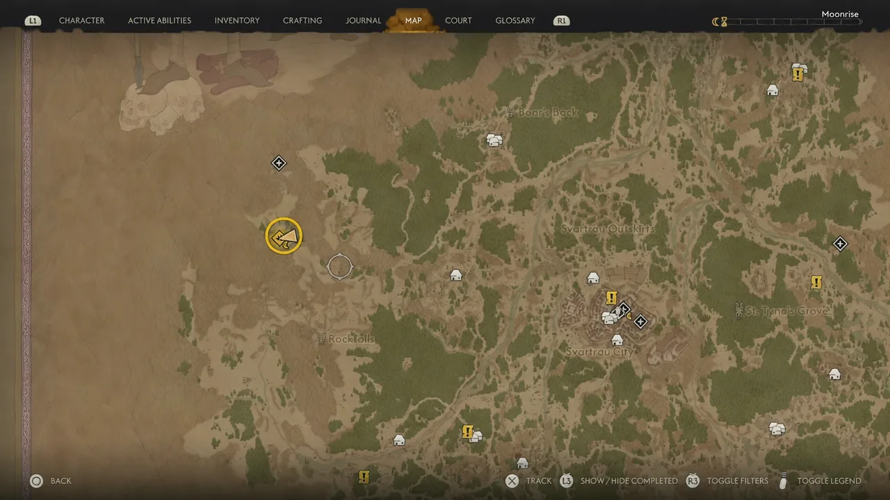 World map with the Our Rotten Roots objective marker selected for tracking at Westridge Outpost