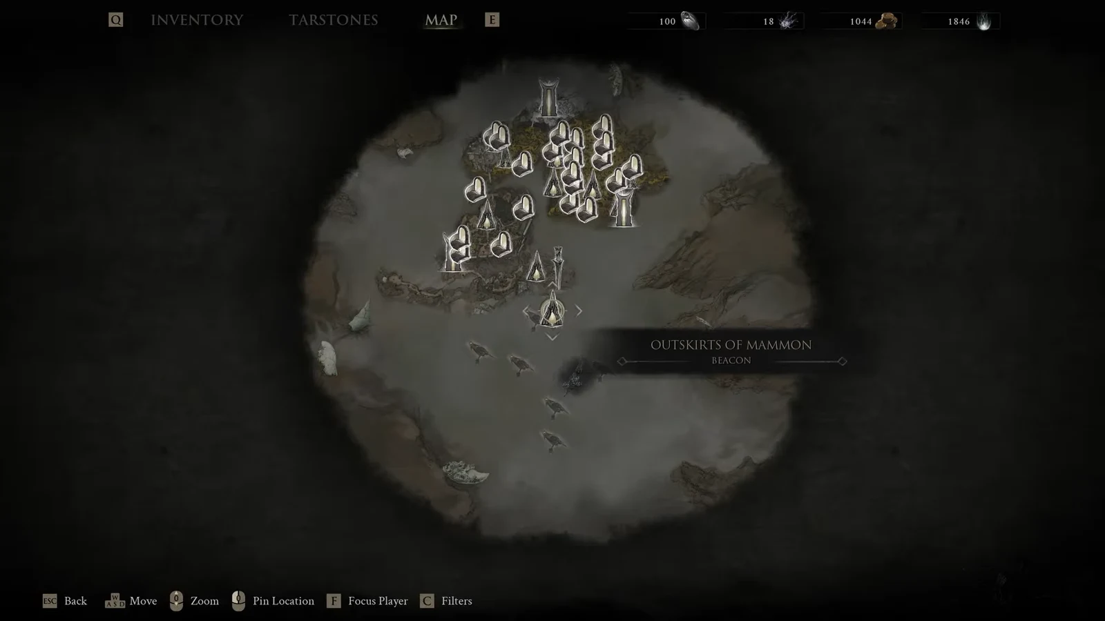 Map screen showing the Outskirts of Mammon beacon and surrounding location markers after the fragment is collected