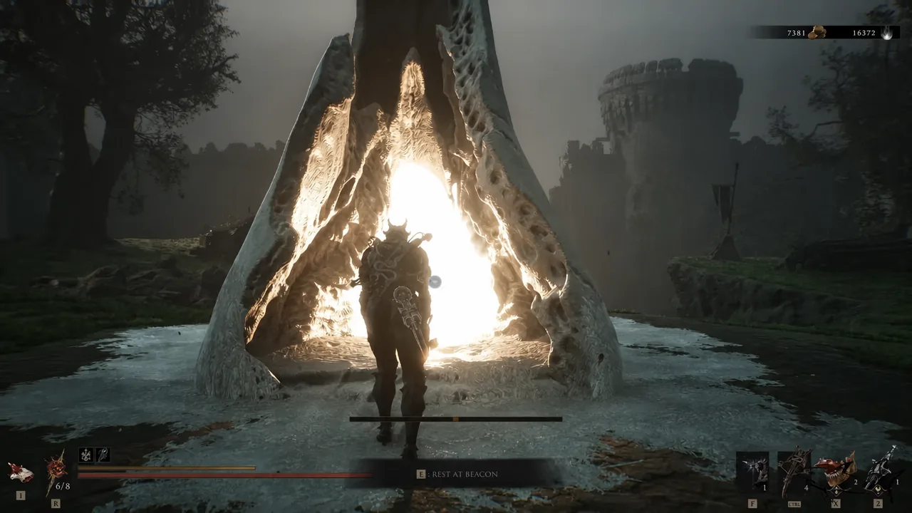 The REST AT BEACON prompt appears as the Harbinger approaches a glowing Outskirts of Mammon beacon.