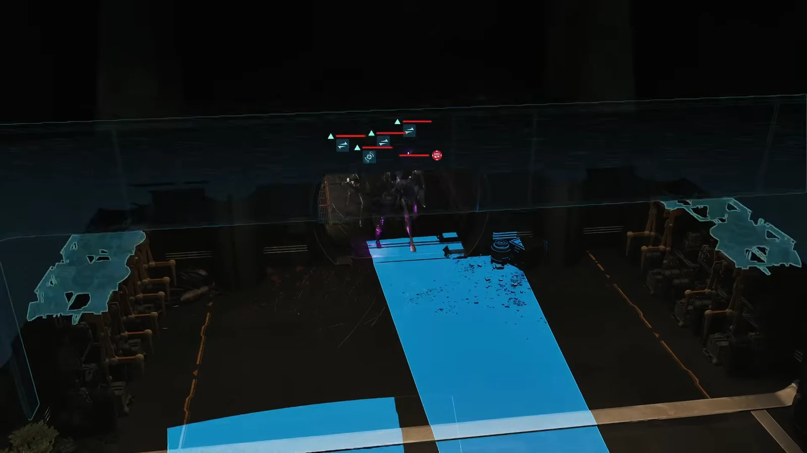 Tactical view showing a blue movement path leading to a position covering several highlighted enemies