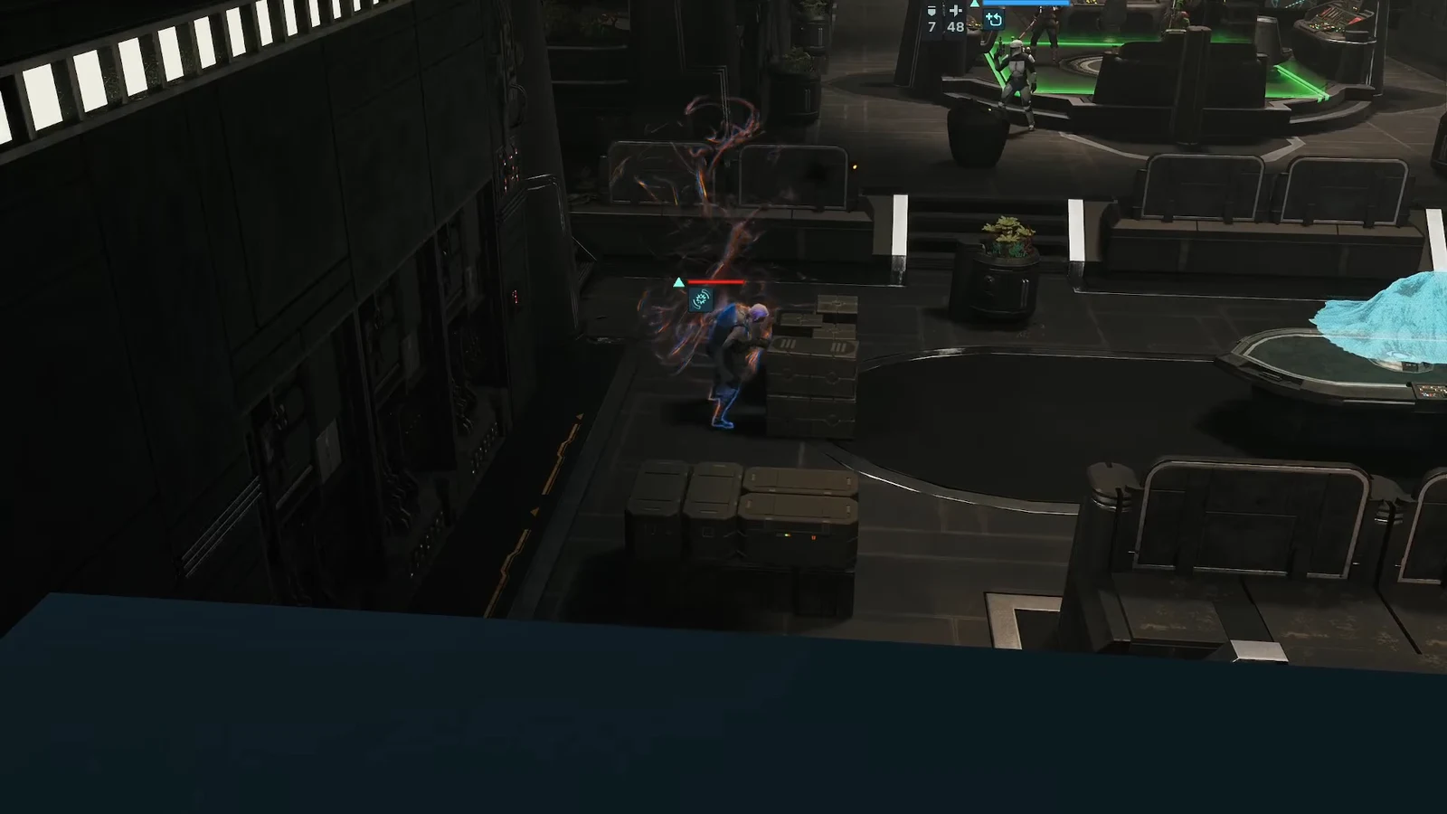Operator firing on a highlighted enemy next to cover inside the citadel interior