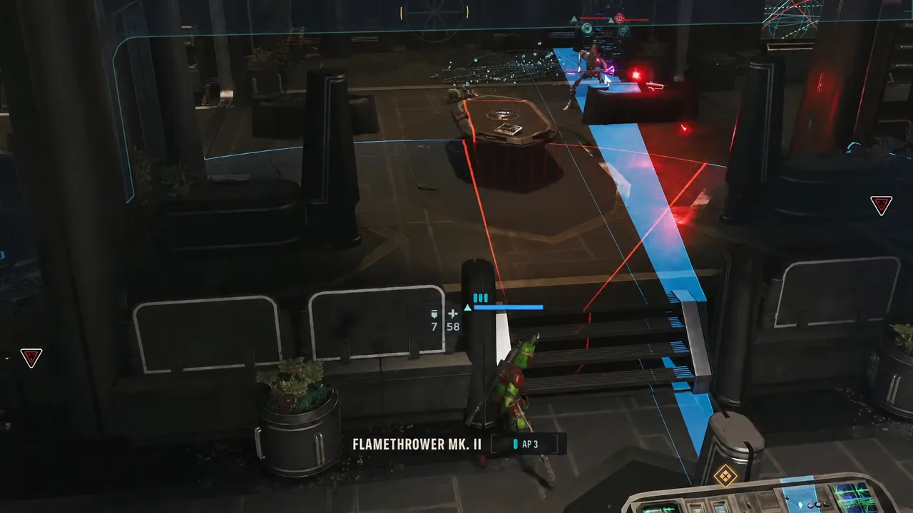 Flamethrower attack sweeping across a tightly grouped cluster of enemies in the objective room
