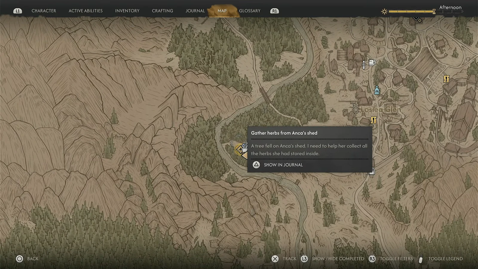 Map screen with the objective to gather herbs from Anca's shed and a prompt to open the Journal entry.