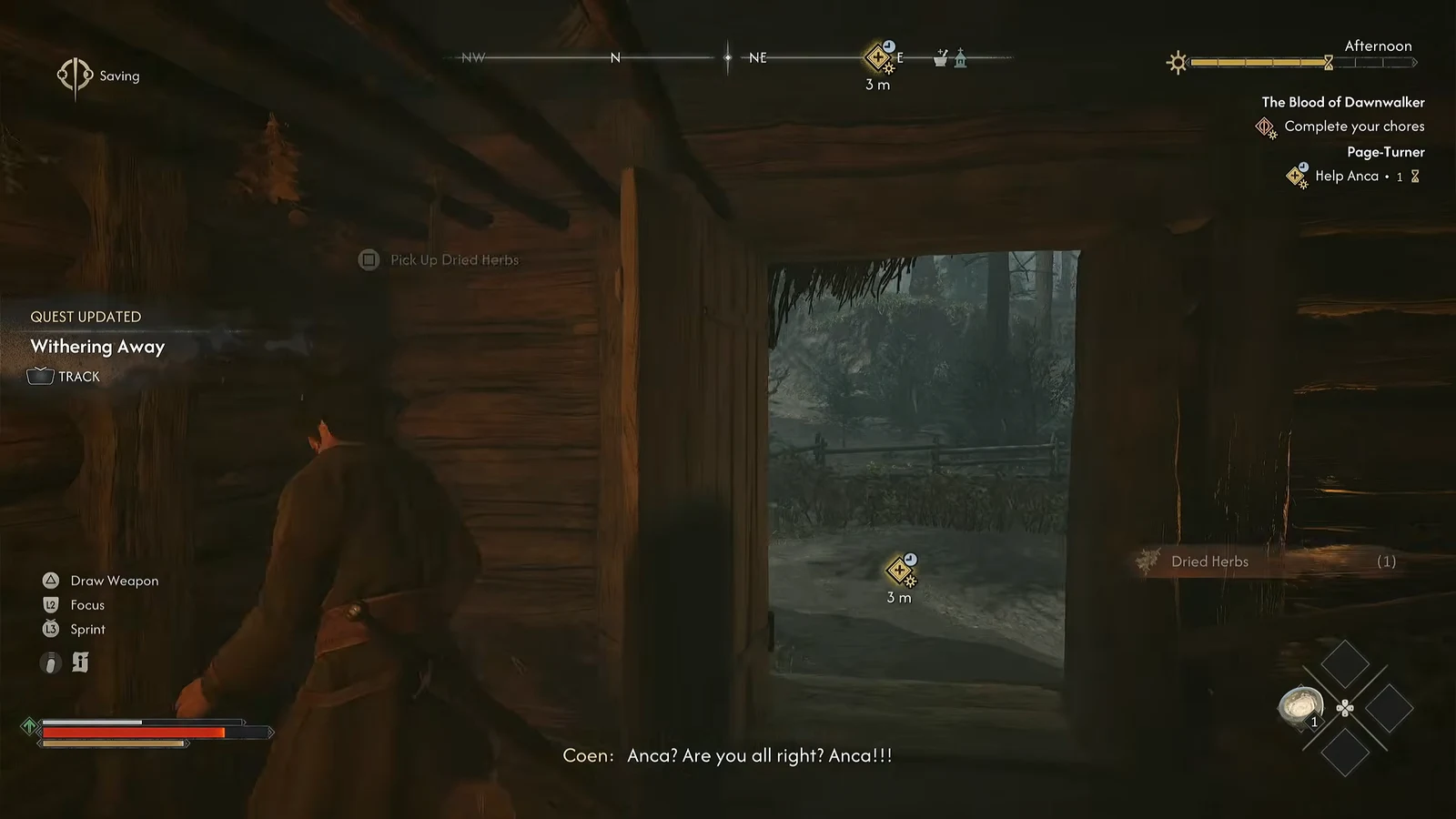 The Pick Up Dried Herbs prompt active over a bundle on the floor of the wrecked shed.