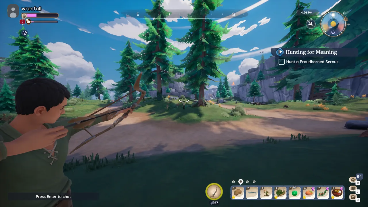 Player creeping toward a Proudhorned Sernuk near a river with bow drawn