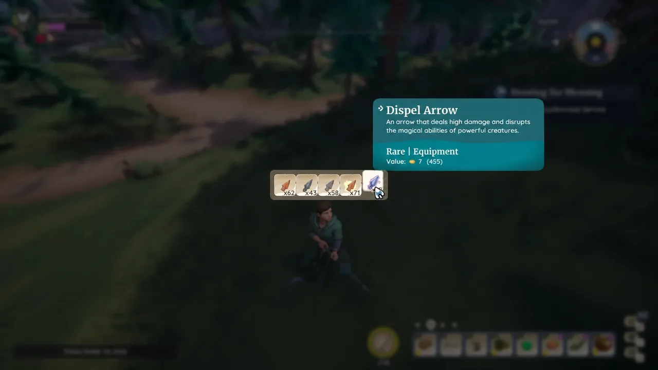 The Dispel Arrow highlighted in the quickbar with its rare equipment tooltip open