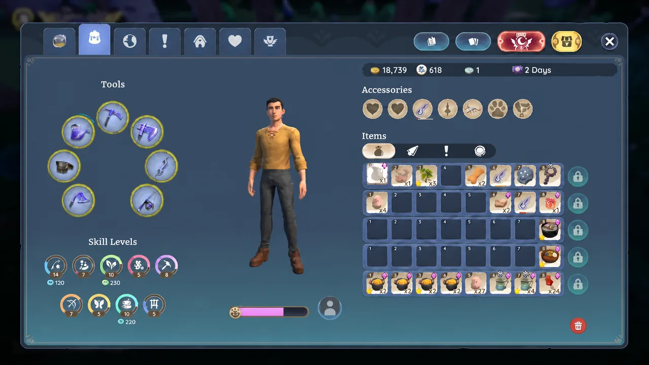 Palia backpack inventory tab showing tools, accessories, skill levels, and the item grid