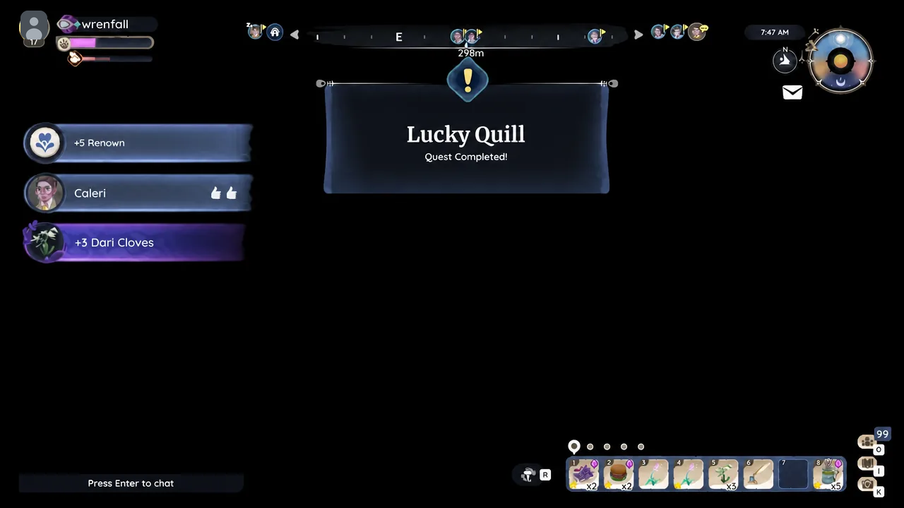 Quest Completed banner for Lucky Quill showing Renown and Dari Cloves rewards