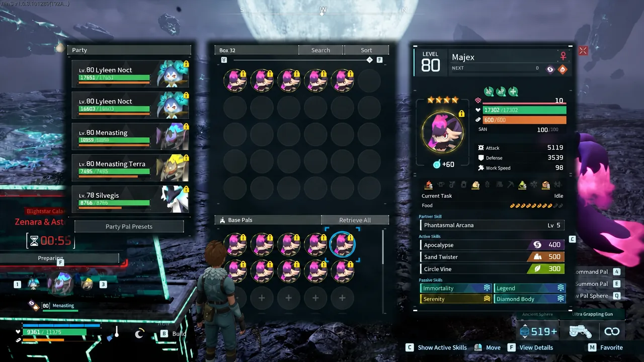 Palworld box storage screen showing the party of Majex and support Pals prepared for the raid