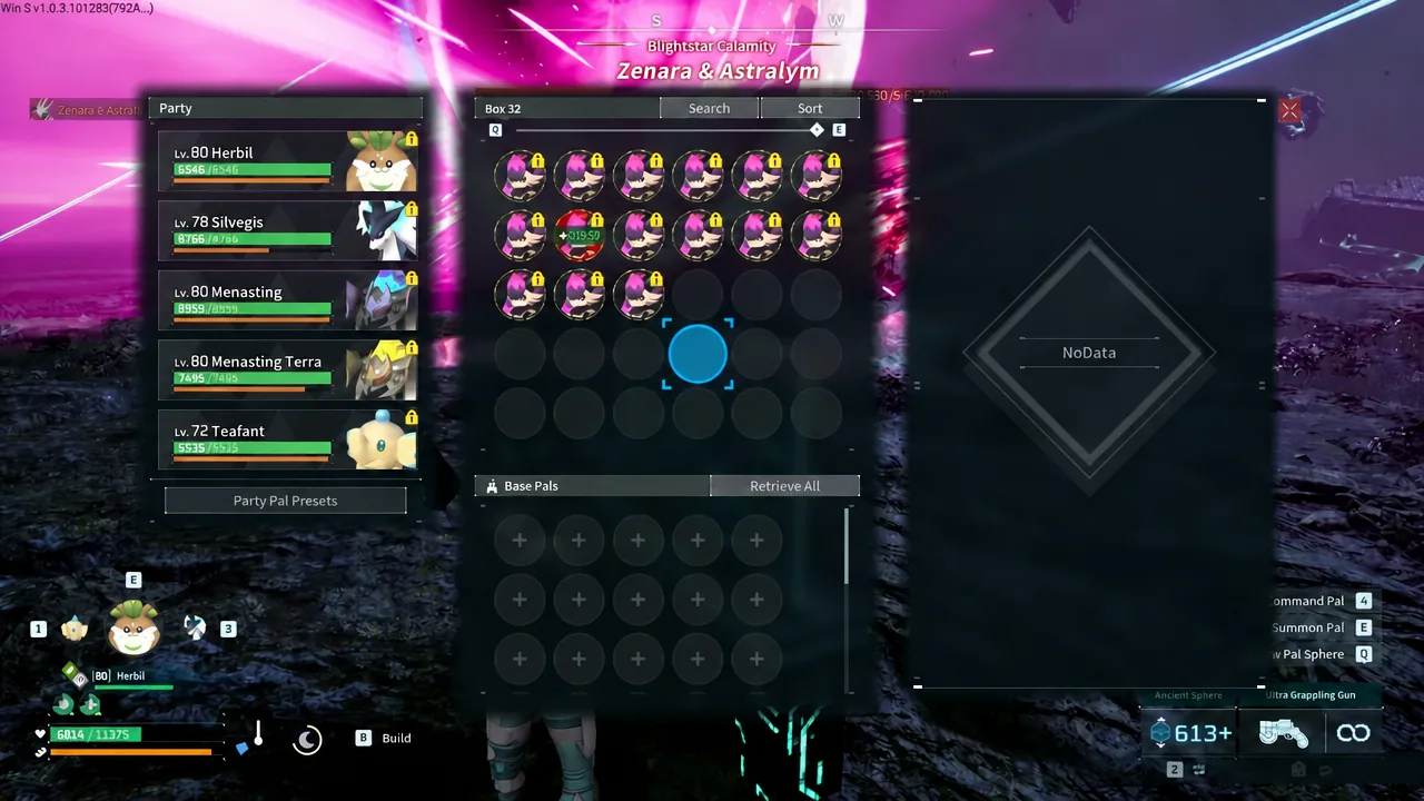 Box storage screen with an empty slot highlighted while recalling a Pal during a beam attack