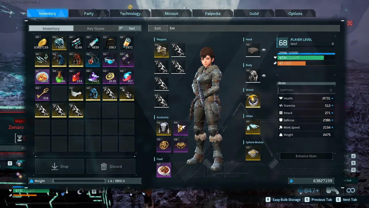 Inventory screen with the first weapon slot highlighted while equipping the Beam Launcher