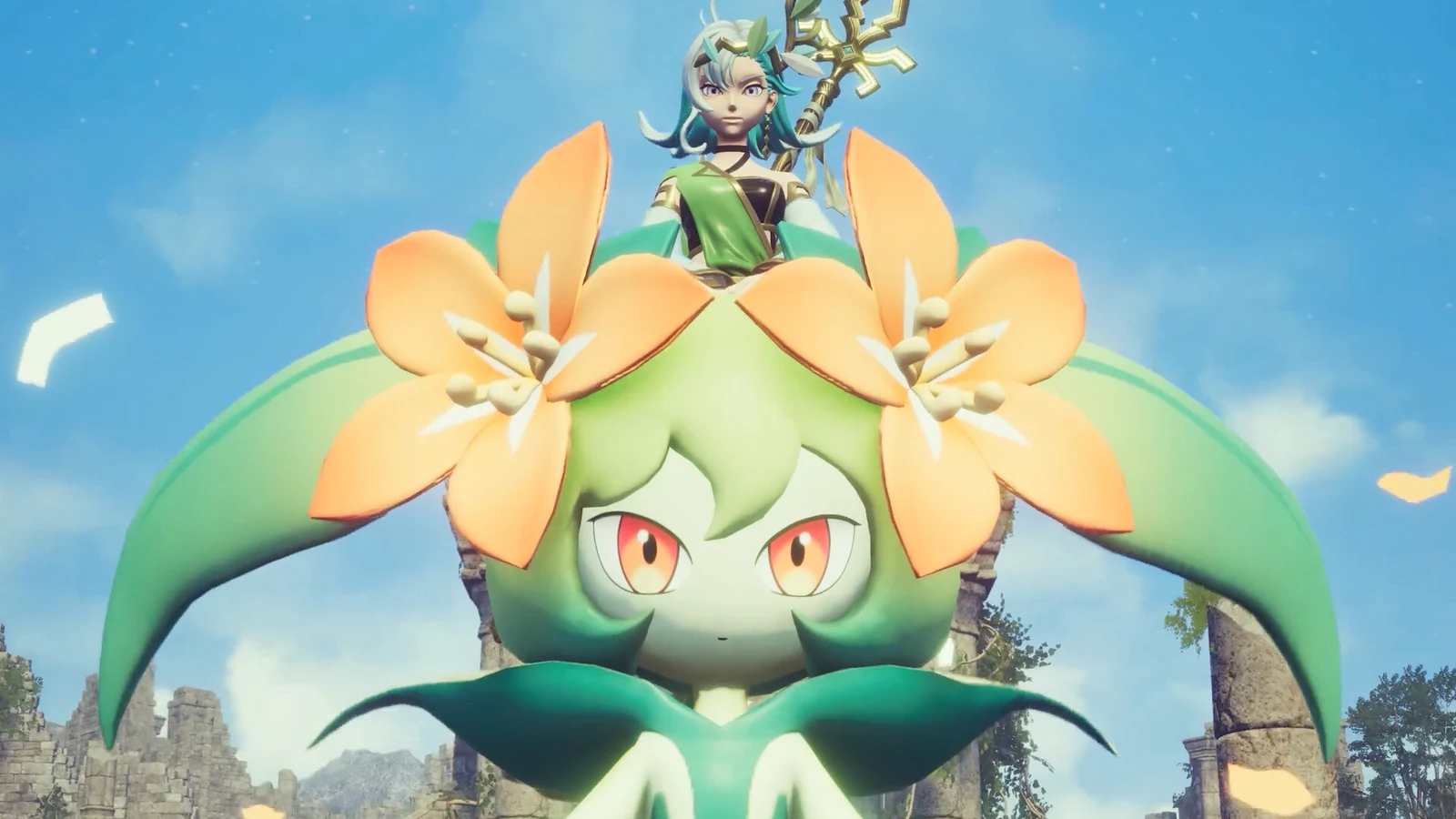 A green flower-adorned Pal and its female rider fill the frame against a bright blue daytime sky.