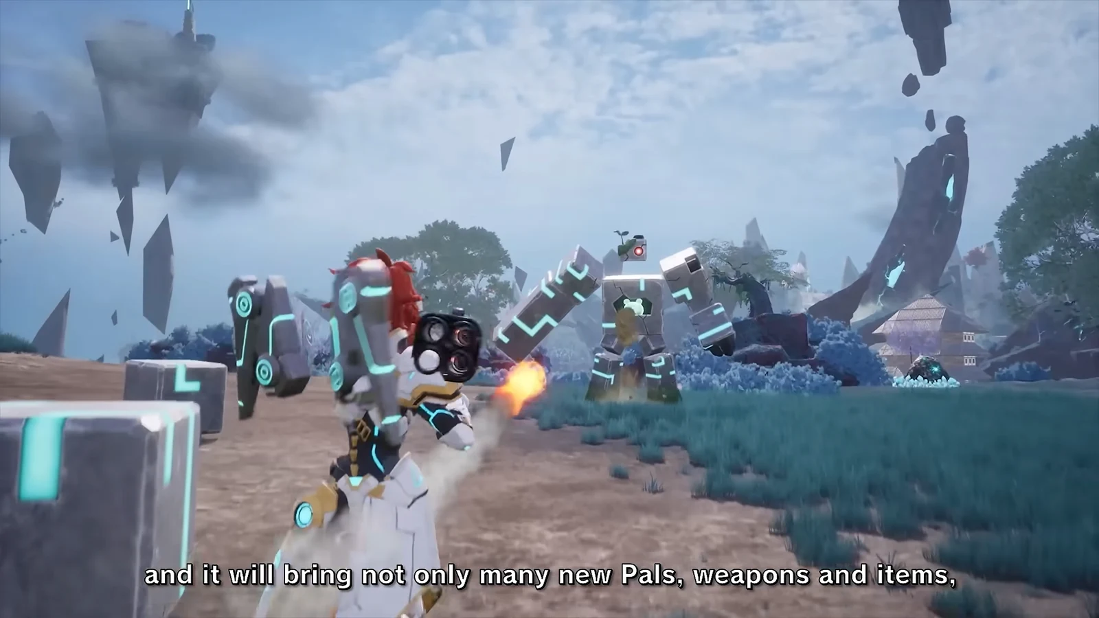 A player character fires a weapon among futuristic ruins, machines, and Pals beneath floating islands in daylight.