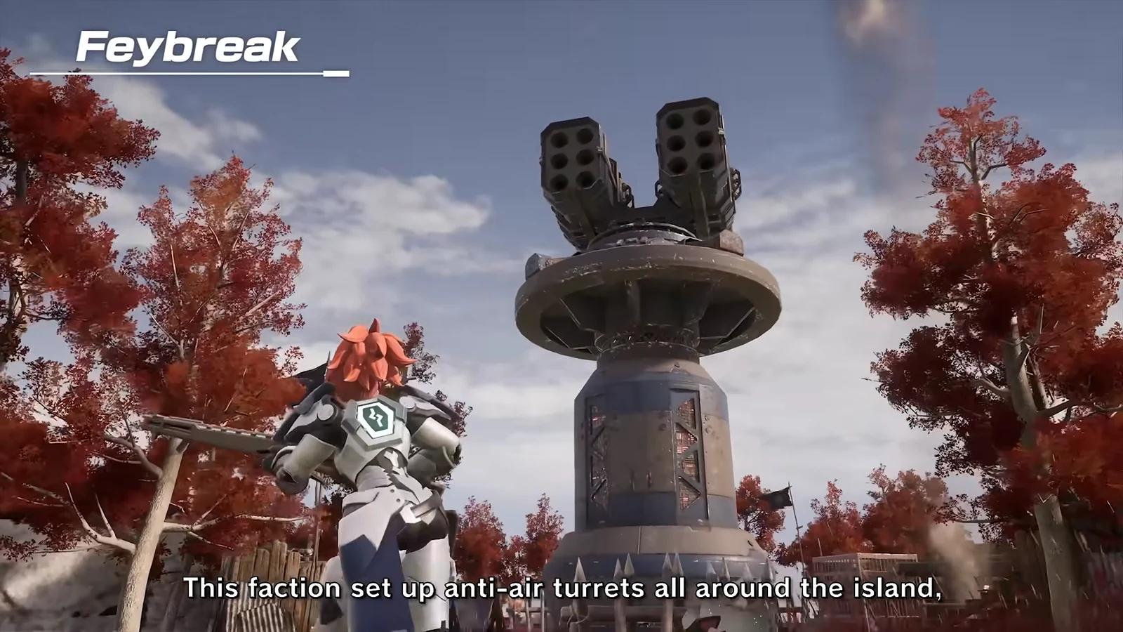 An armored player looks up at an anti-air turret surrounded by autumn trees during the day.