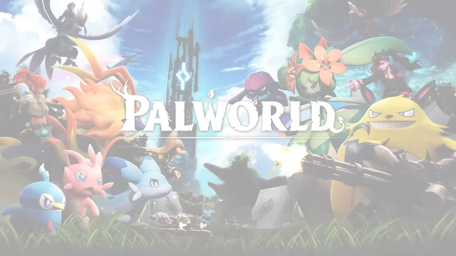 The Palworld title logo overlays colorful artwork featuring numerous Pals, weapons, structures, and a bright outdoor landscape.
