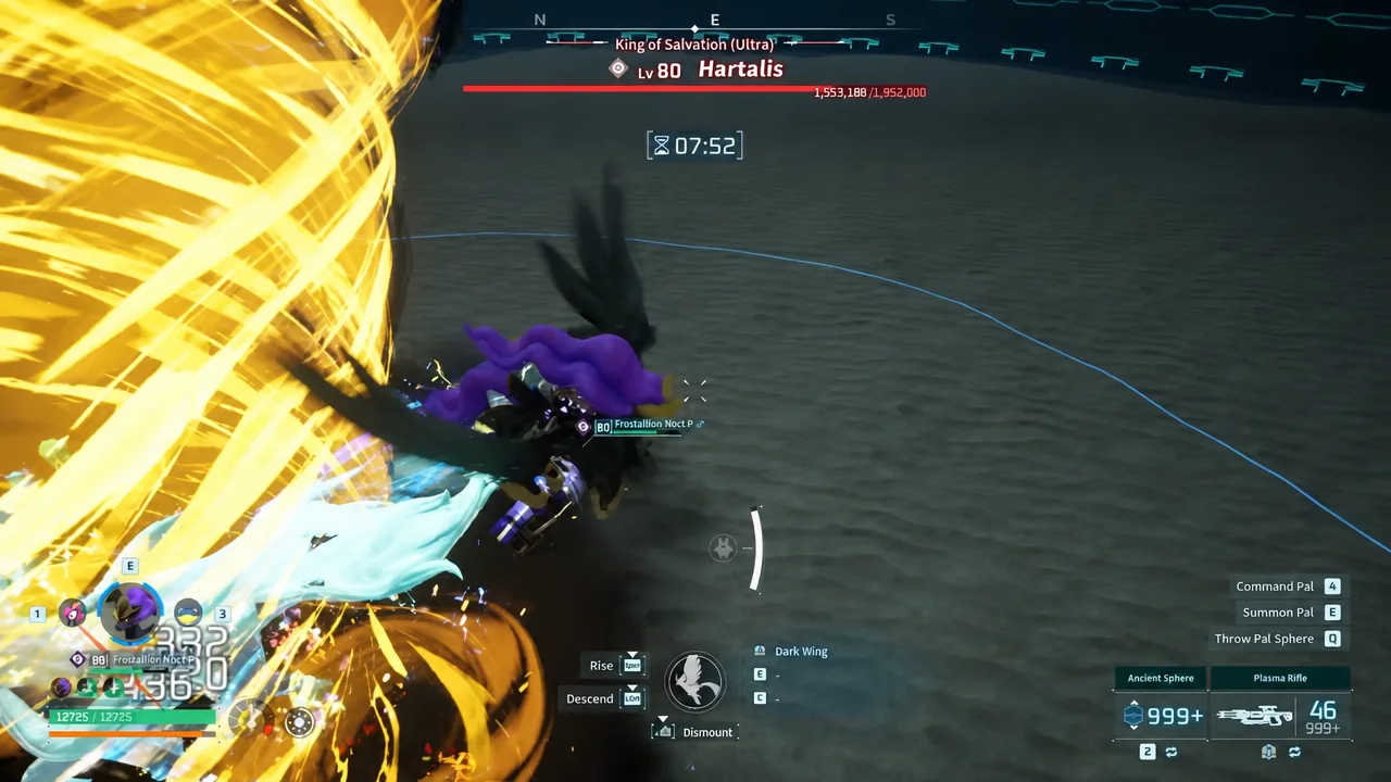 Hartalis boss battle HUD with a mounted player and Dark Wing attacking the King of Salvation