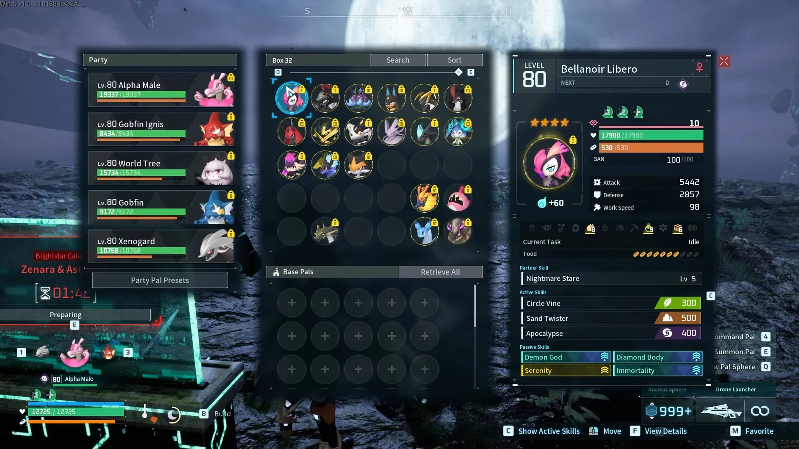 Box 32 menu with Bellanoir Libero selected, showing its level 80 stats and skills