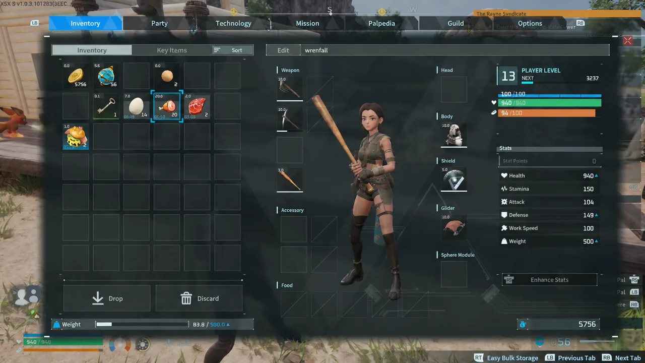Palworld inventory screen with food being fed to party Pals before setting out