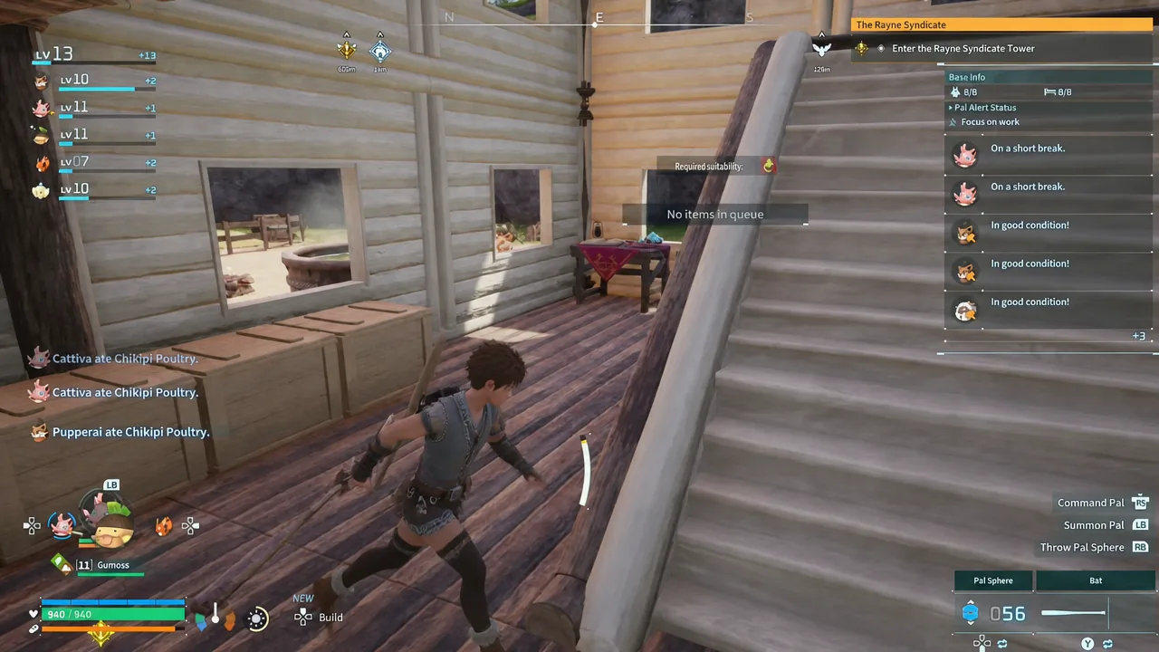 Base walkthrough in Palworld with the Rayne Syndicate Tower objective tracked and an empty crafting queue