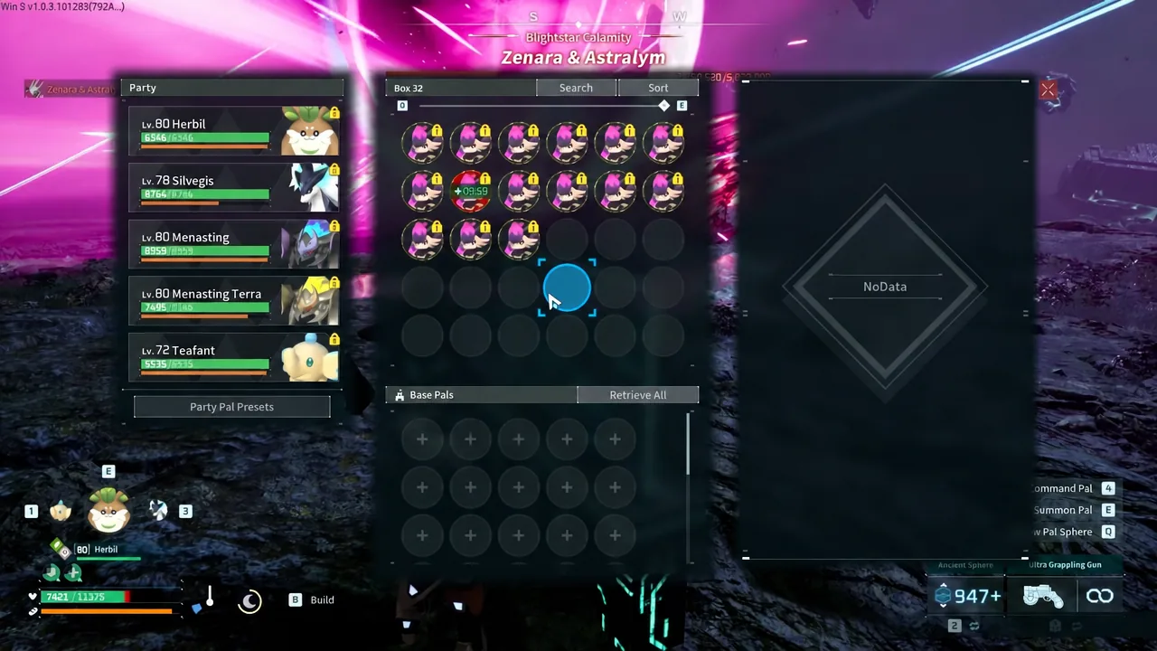 Box storage screen with an empty slot highlighted while recalling a Pal during a beam attack