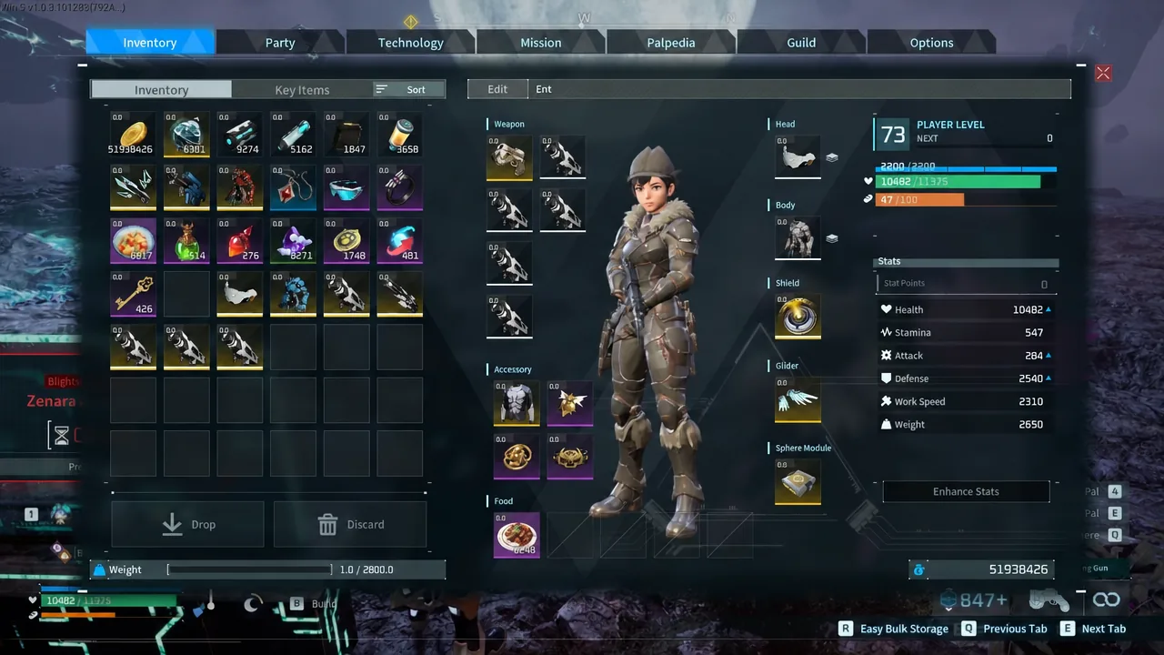 Inventory screen with the first weapon slot highlighted while equipping the Beam Launcher