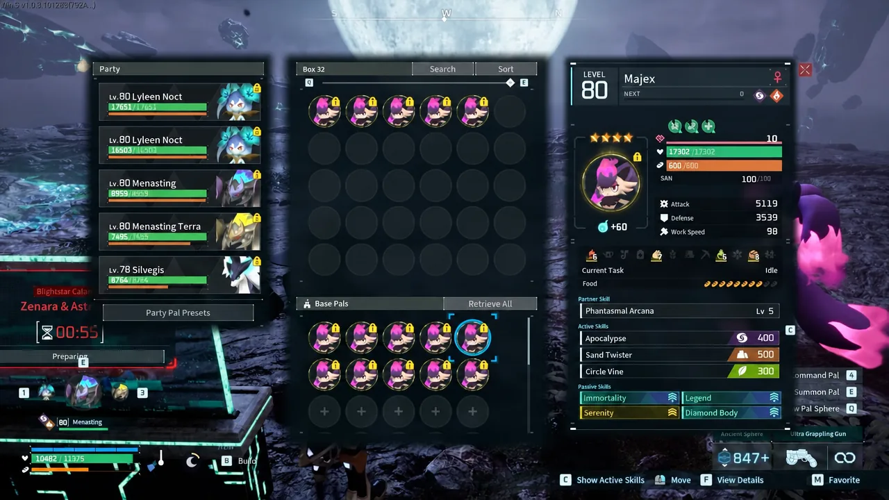 Palworld box storage screen showing the party of Majex and support Pals prepared for the raid