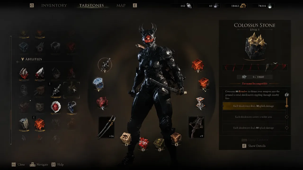 Tarstones menu with the Colossus Stone selected, showing its Resolve cost and incompatibility note