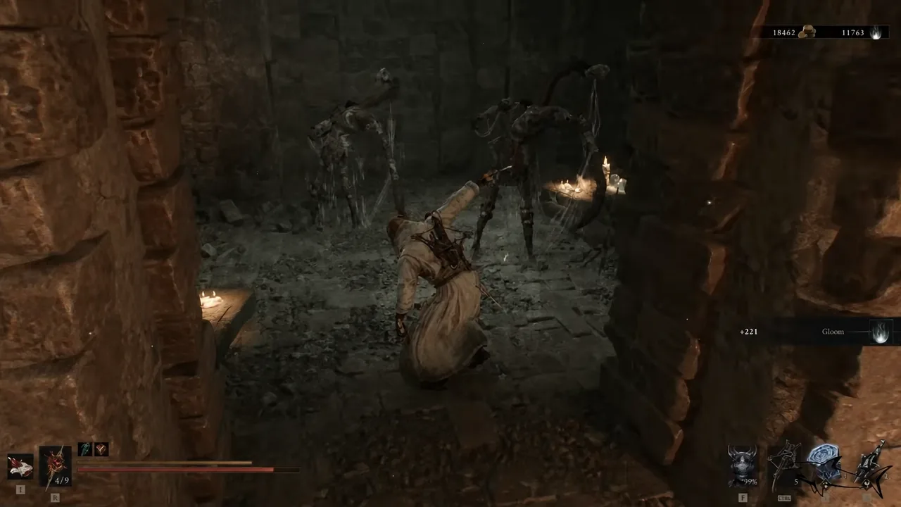 Melee fight against skeletal enemies in the dark stone corridor of Parasitic Stash