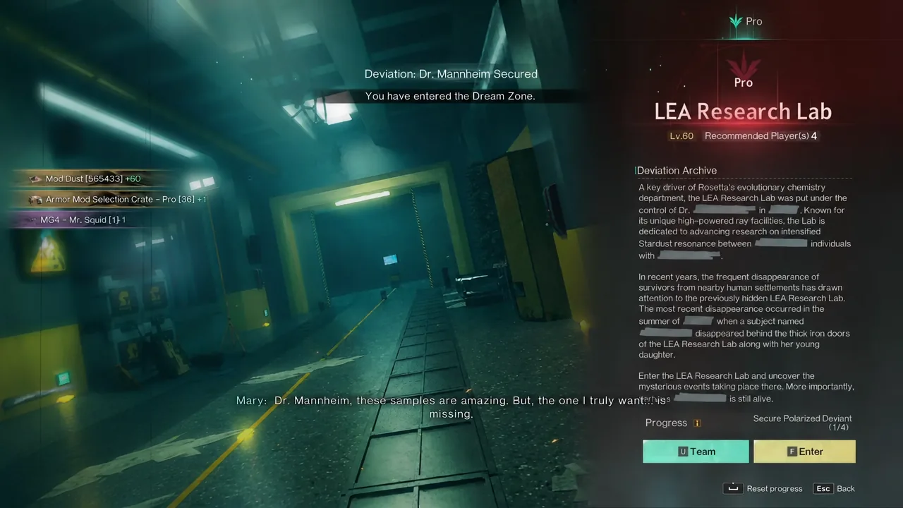 LEA Research Lab mission screen with the Enter button highlighted and objective progress at 1 of 4