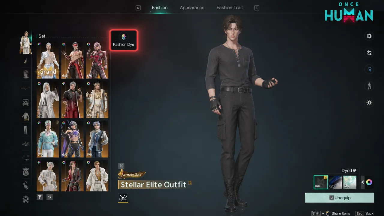Fashion screen with the Fashion Dye button highlighted before opening outfit dye options