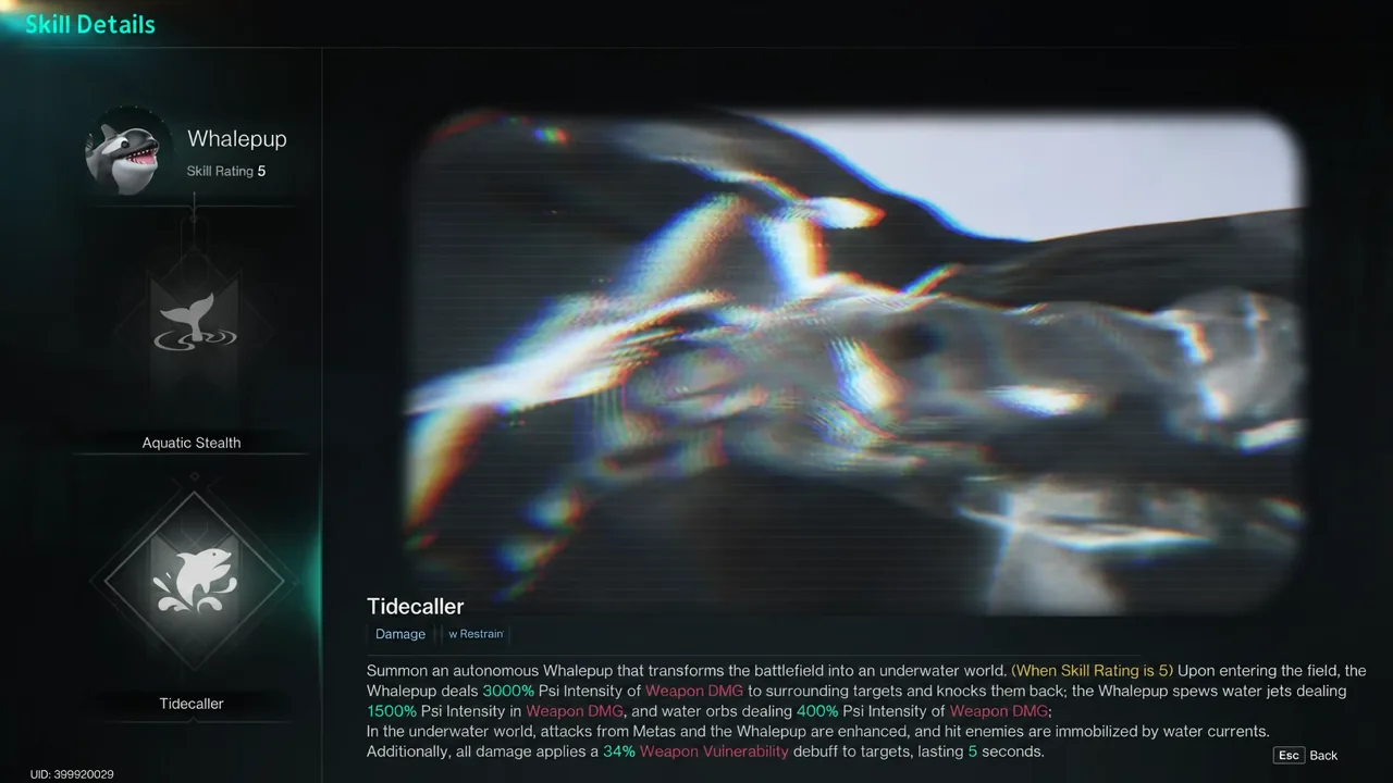 Skill Details panel with Tidecaller selected, showing Whalepup's skill text and effects