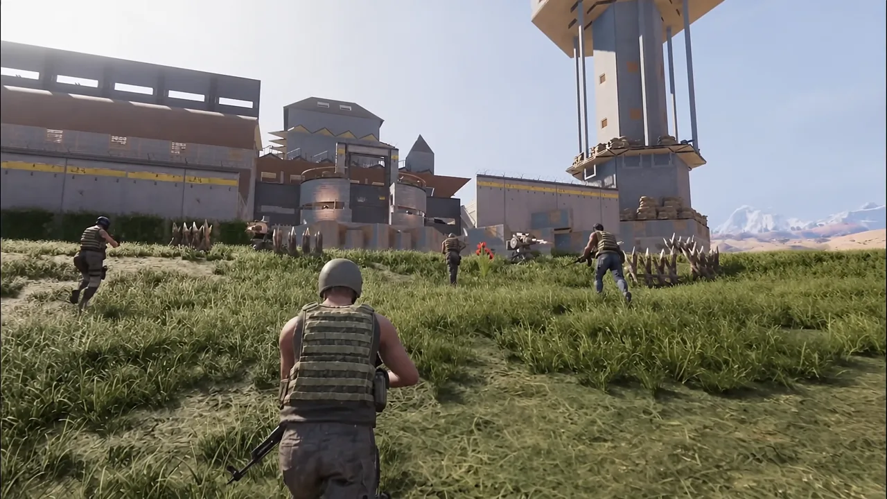 Player and squad advancing on foot toward a fortified compound in a RaidZone