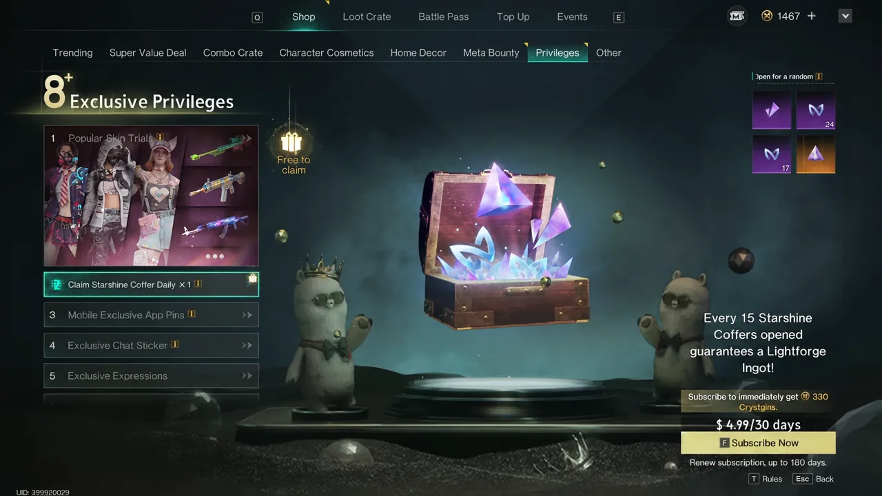 Shop Privileges tab with the daily Starshine Coffer claim item highlighted