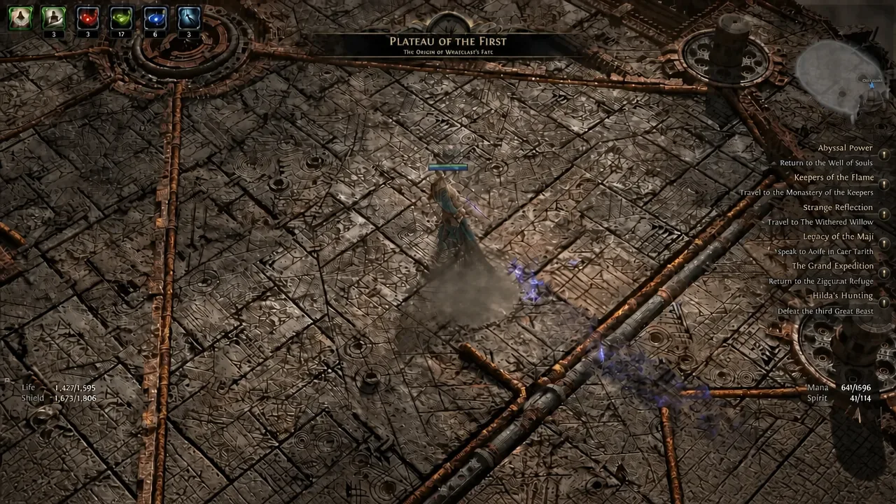 Running through the Plateau of the First with the Abyssal Power quest tracker on the right