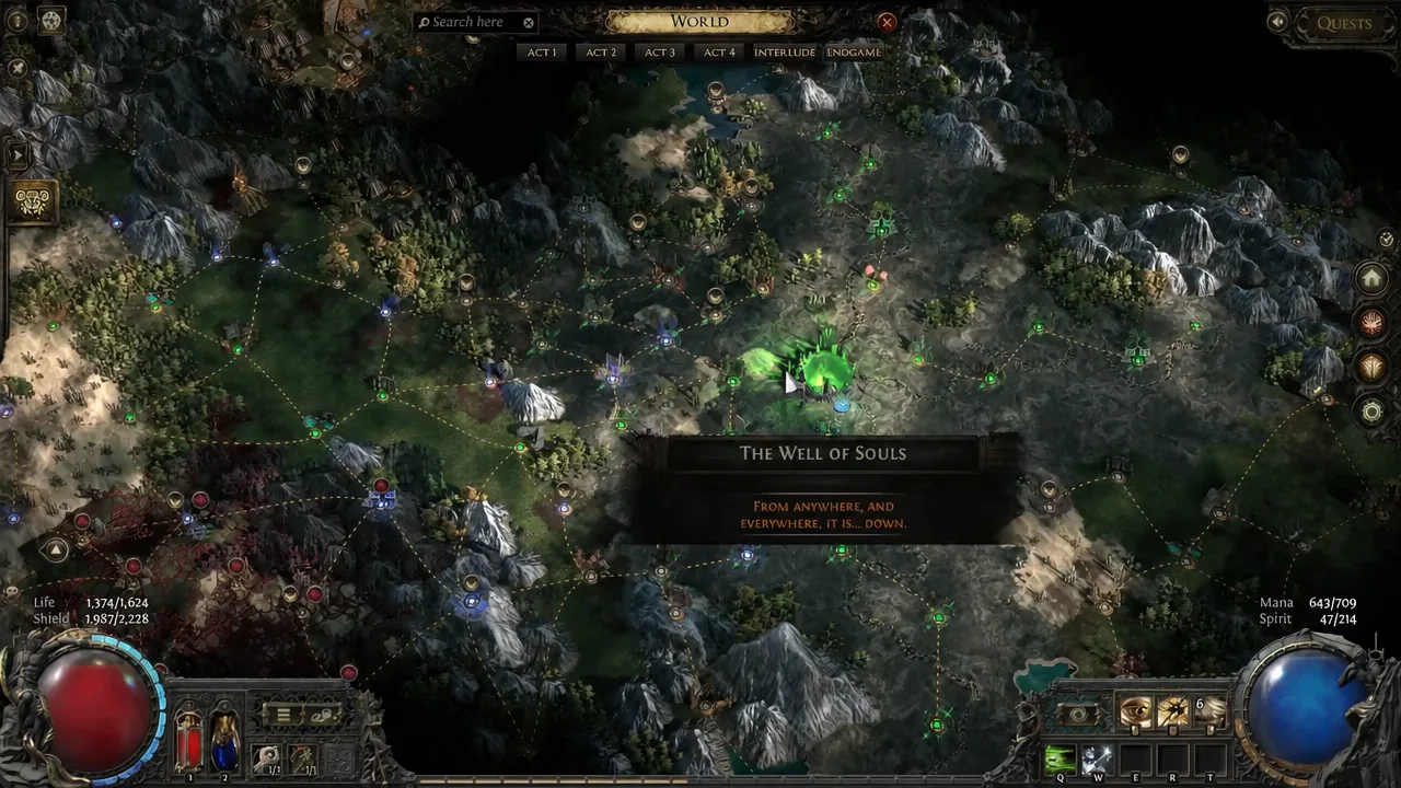 World map view with the Well of Souls Abyss region highlighted and its tooltip open