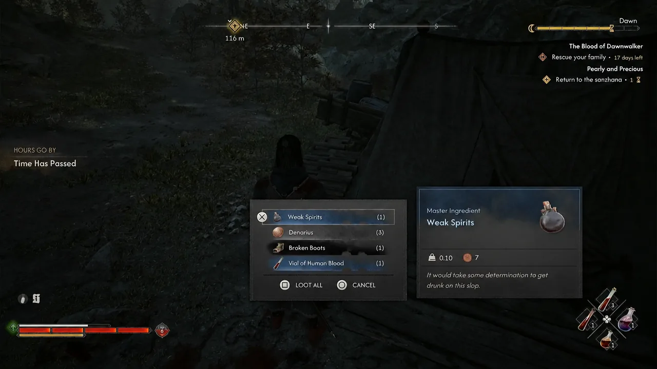 Loot panel at the bandit camp with Weak Spirits selected and a Loot All option
