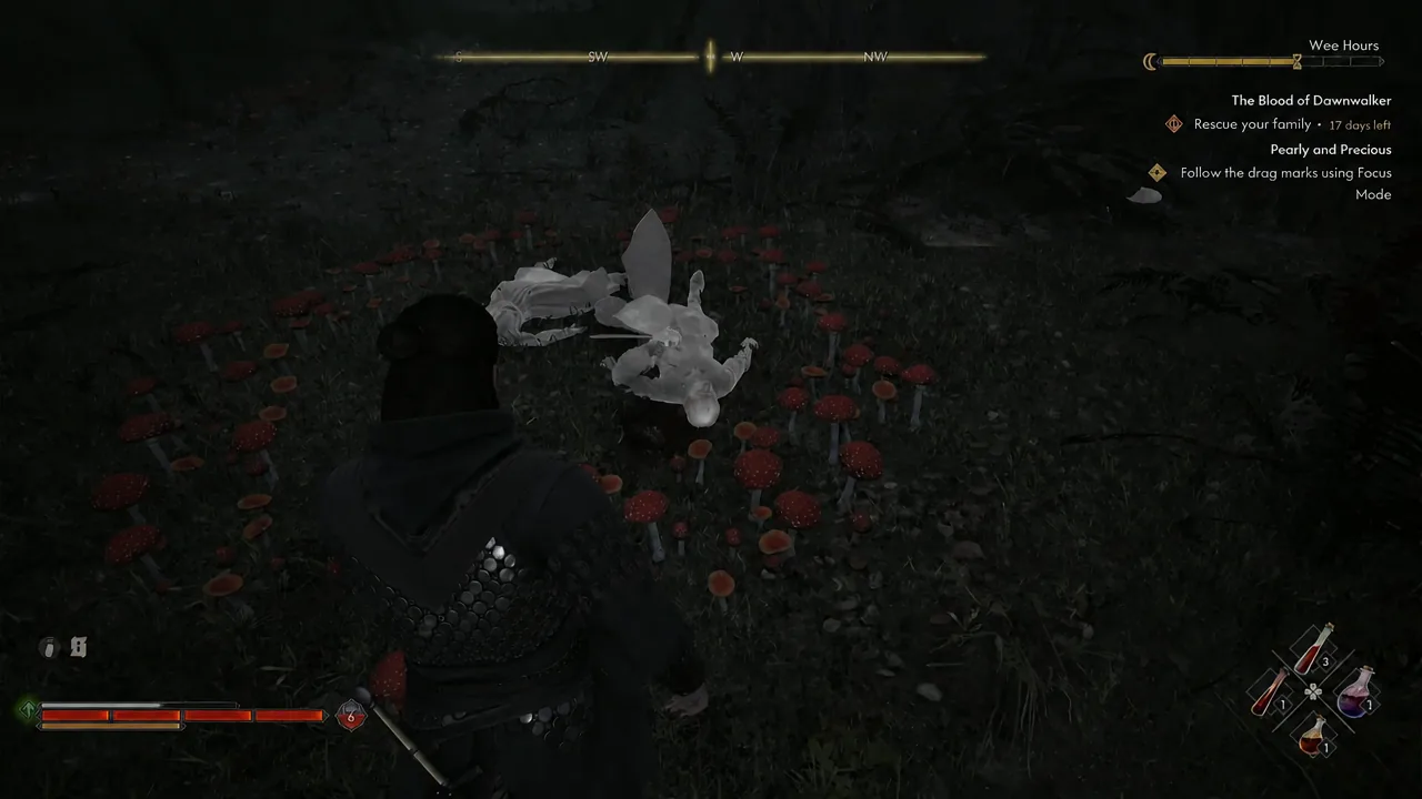Focus Mode highlighting the blood and drag marks leading south from the ruined camp