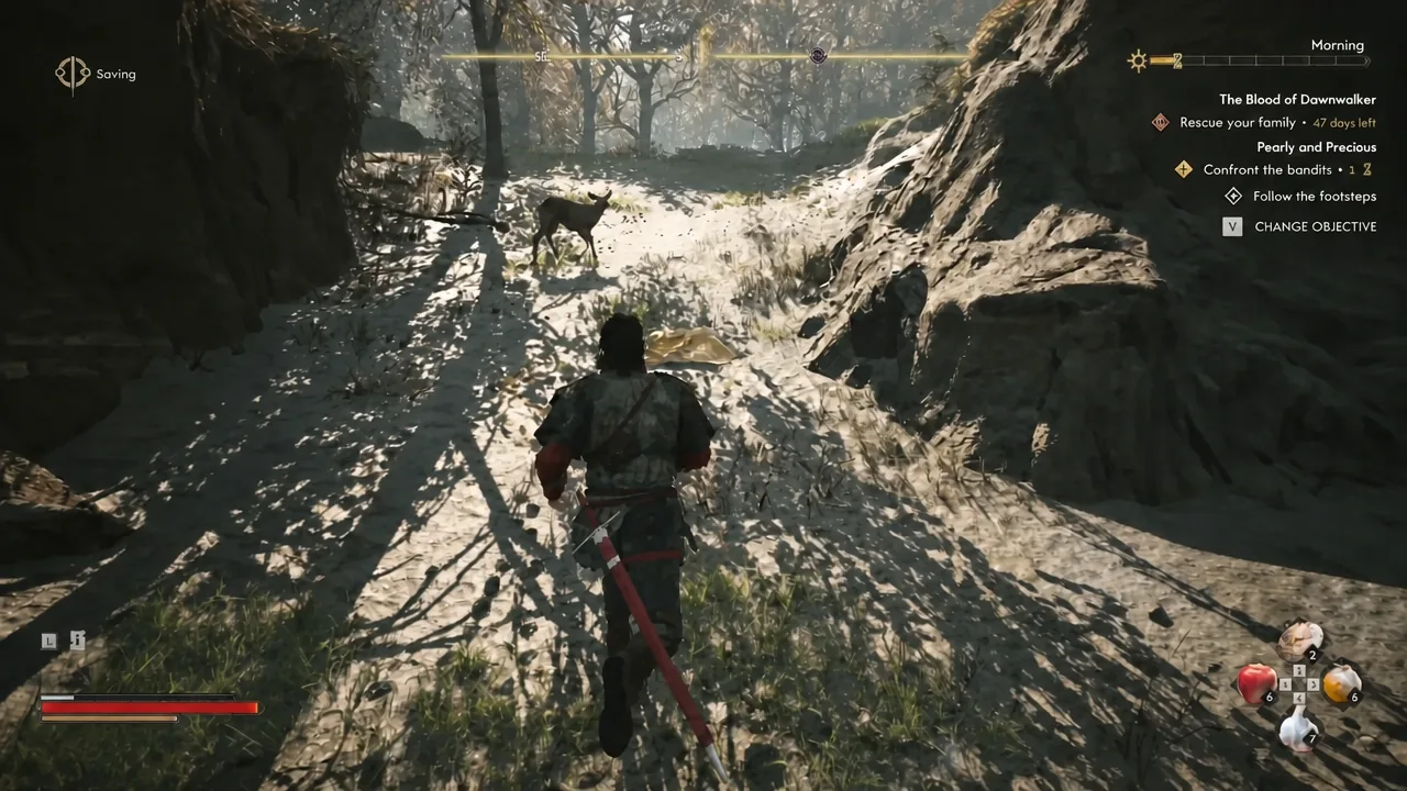 The objective updates to "Follow the footsteps" once you leave the Sanzhana and pick up the tracks heading southwest.