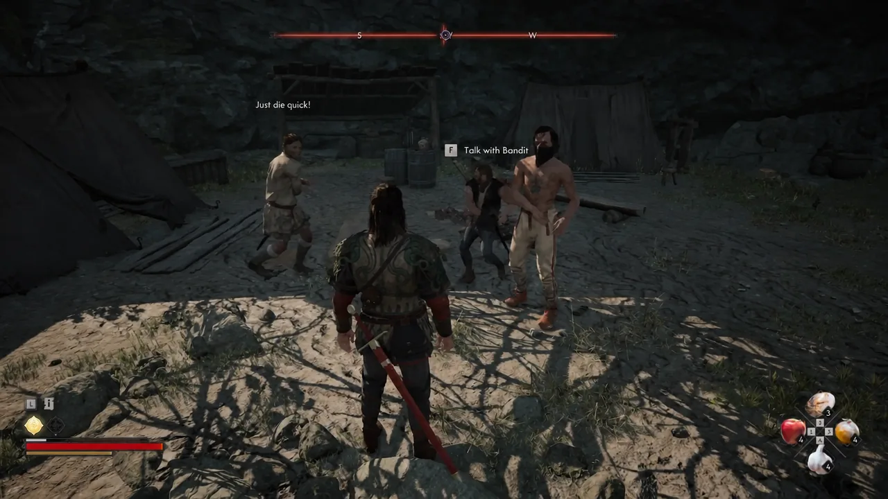 Interaction prompt reading Talk with Bandit displayed at the bandit camp