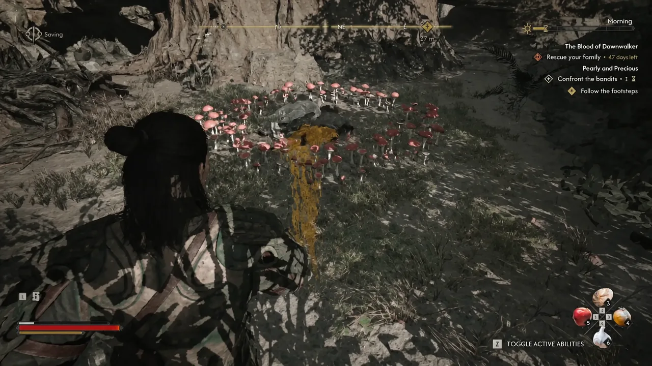 Quest tracker showing the Follow the footsteps objective with glowing footprints on the forest floor