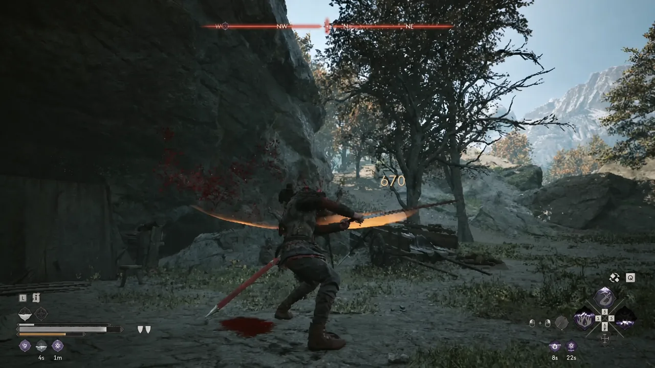 Player drawing a glowing bow mid-fight with a 670 damage number on screen
