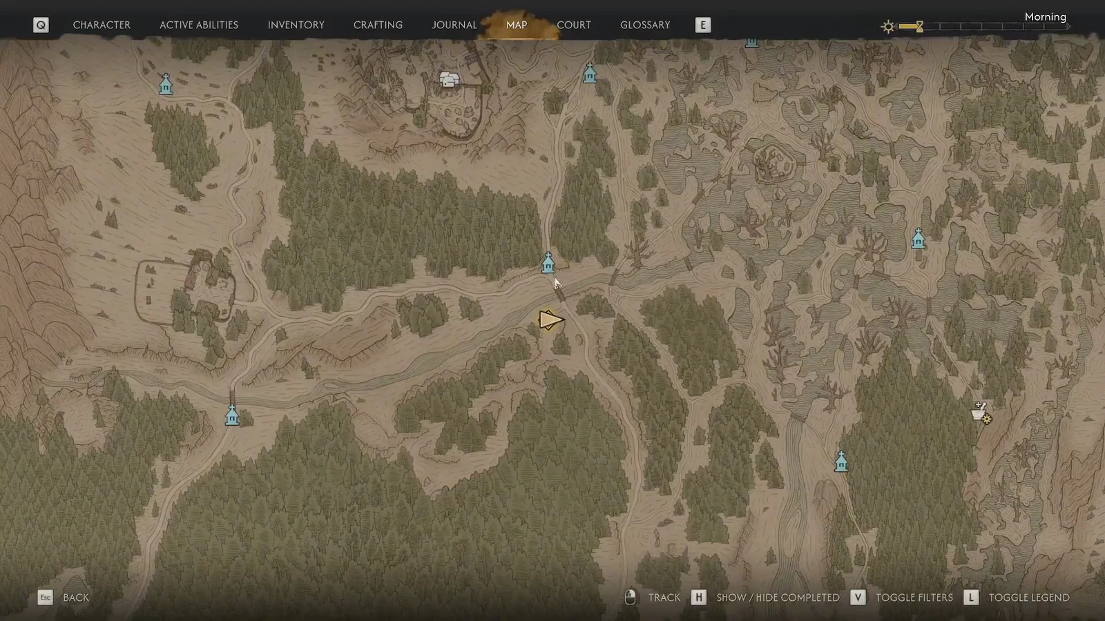 The Blood of Dawnwalker world map open on the player marker near the Small Bridge fast travel point